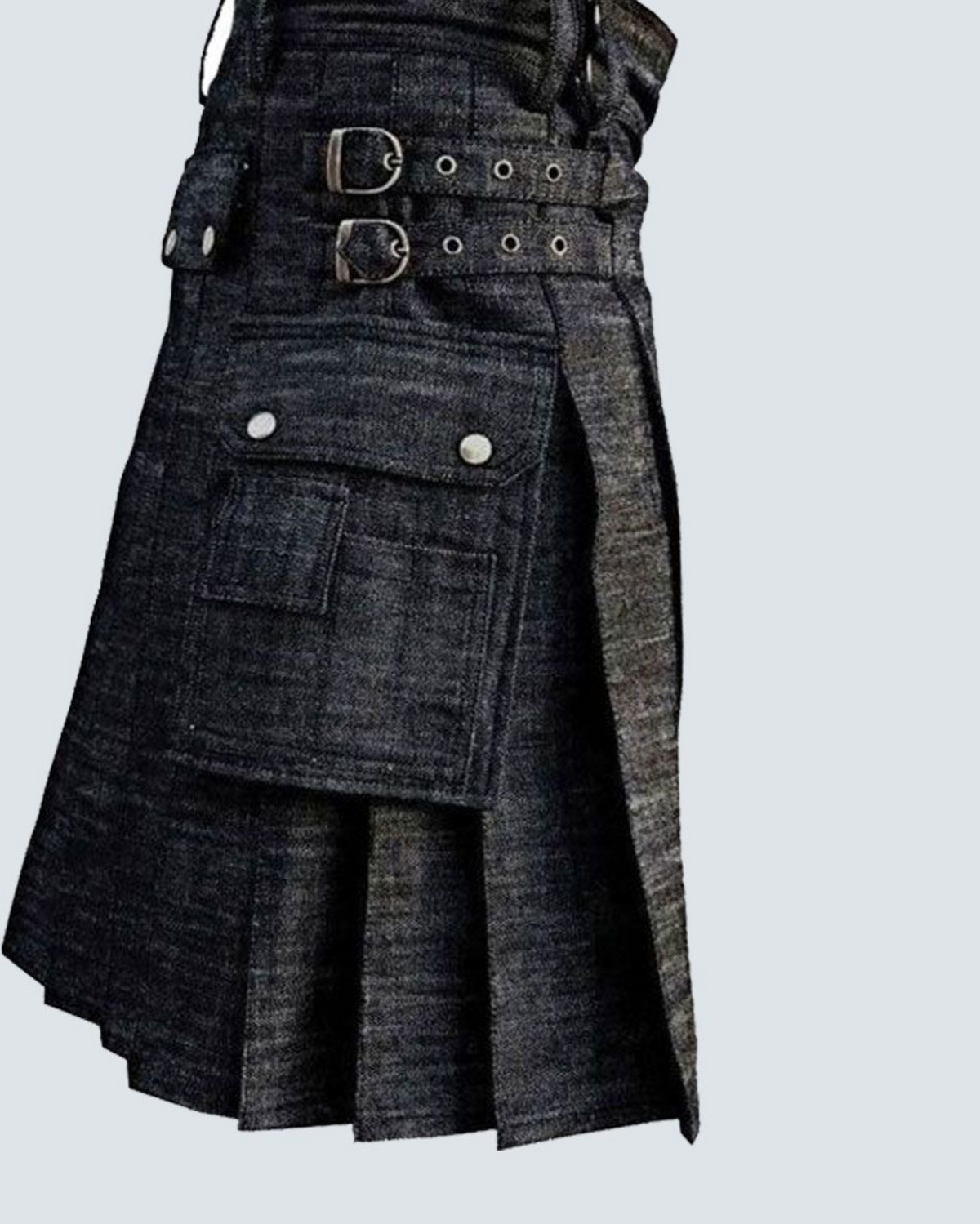 Men's black modern utility kilt front view featuring heavy-duty denim fabric, functional cargo pockets, and a rugged contemporary Scottish kilt design.