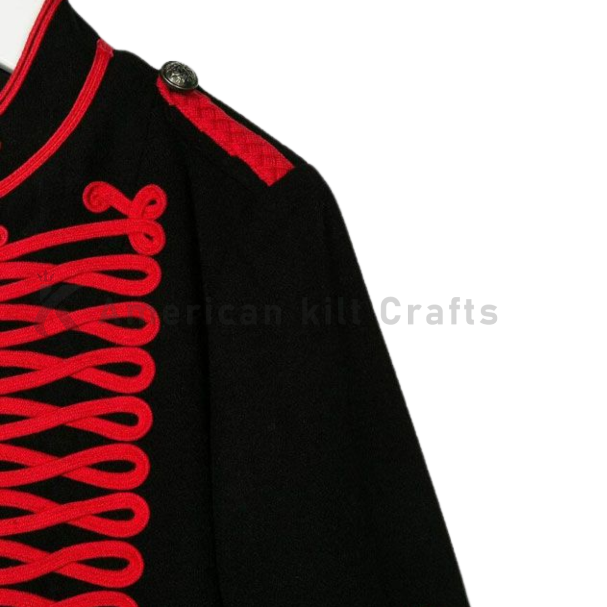close up of a men’s black Hussar jacket with red embroidered details, structured shoulders, and a fitted band-style silhouette.