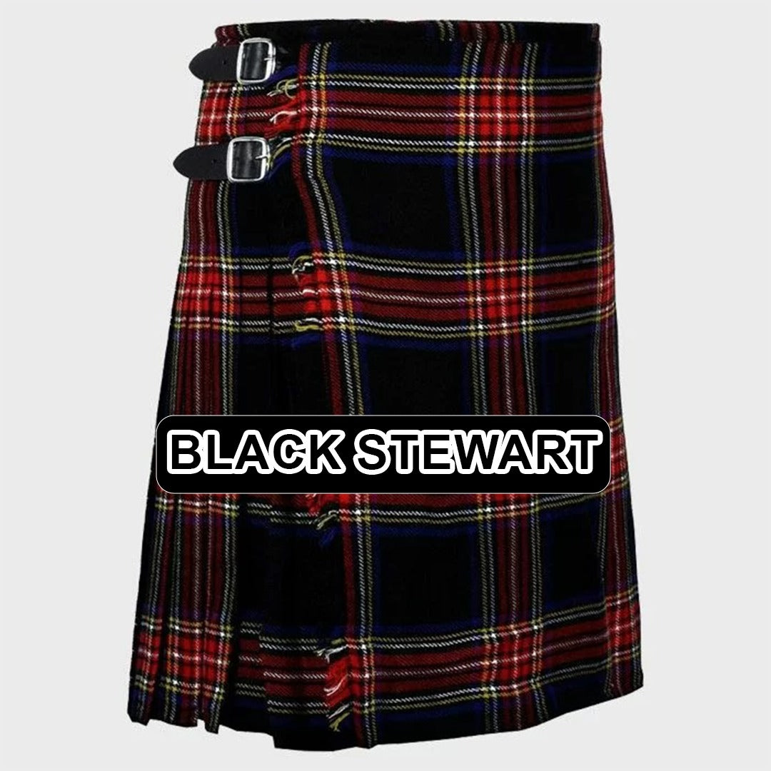 Handmade Black Stewart tartan kilt with traditional Scottish plaid pattern and classic pleated design.