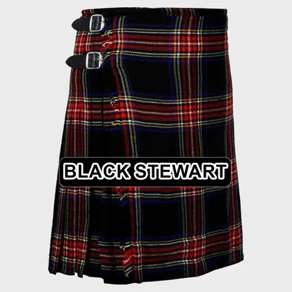 Handmade Black Stewart tartan kilt with traditional Scottish plaid pattern and classic pleated design.