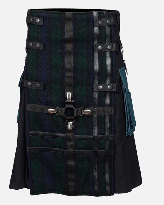 Men's Black Watch Gothic Hybrid Utility Kilt front view featuring traditional Black Watch tartan, gothic-inspired styling, and a modern Scottish utility kilt design.