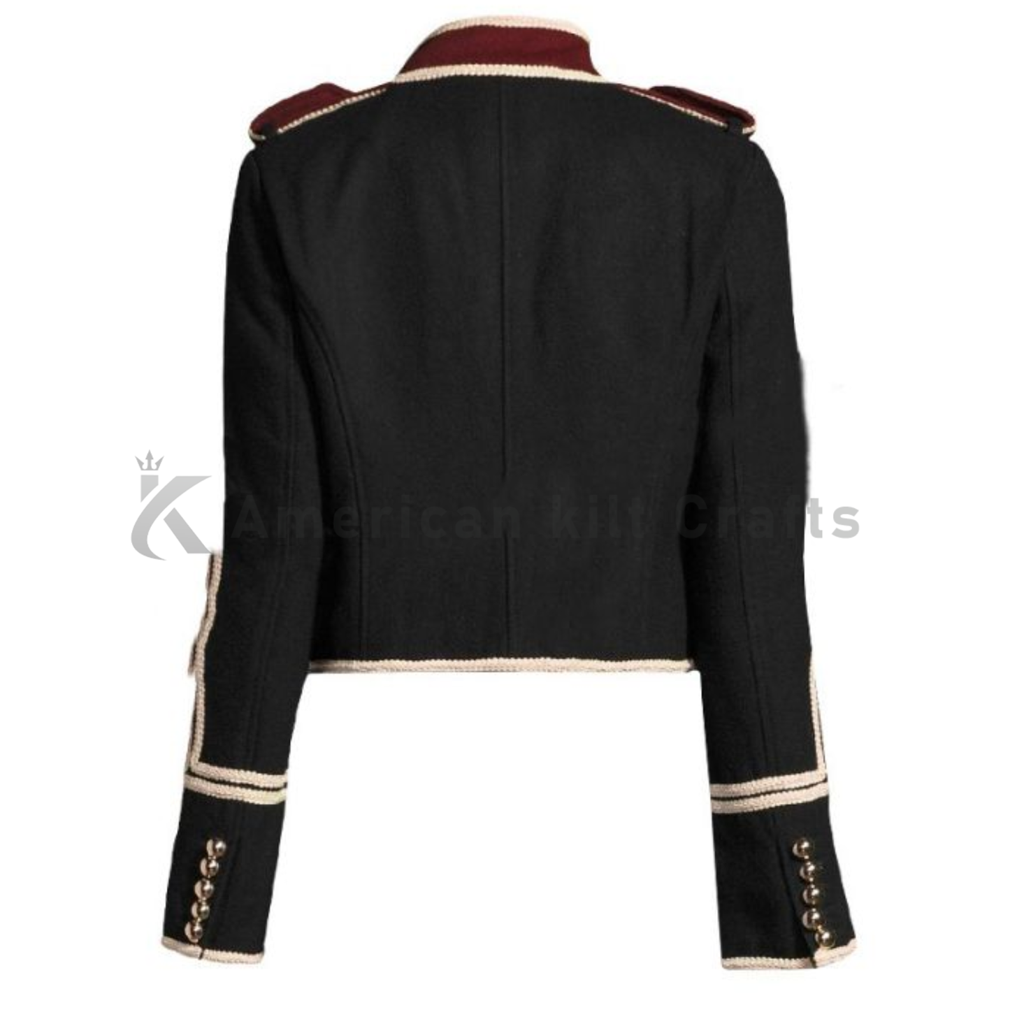 Back view of a men’s black wool twill military coat featuring a fitted silhouette and classic Hussar marching band styling.