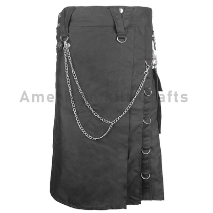 Men's black modern utility kilt front view featuring heavy-duty denim fabric, functional cargo pockets, and a rugged contemporary Scottish kilt design.
