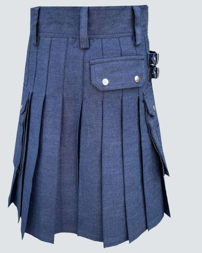 Blue denim utility kilt back view with durable denim construction, adjustable straps and spacious cargo pockets for work and casual wear.