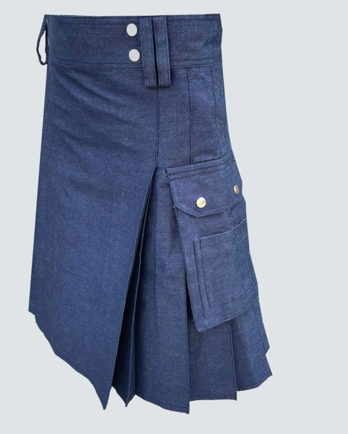 Front view of blue denim utility kilt showing reinforced denim construction, utility pocket detailing and a practical rugged workwear design.