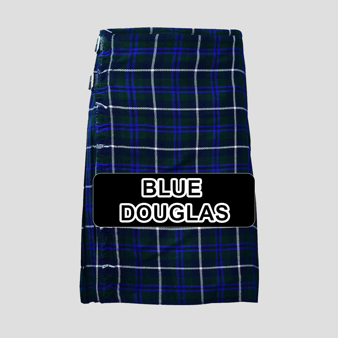 
Handmade Blue Douglas tartan kilt with traditional Scottish plaid pattern and classic pleated design.