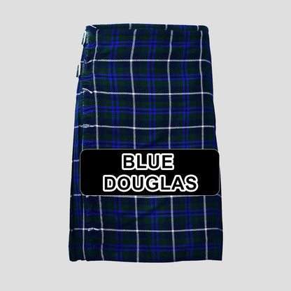 
Handmade Blue Douglas tartan kilt with traditional Scottish plaid pattern and classic pleated design.