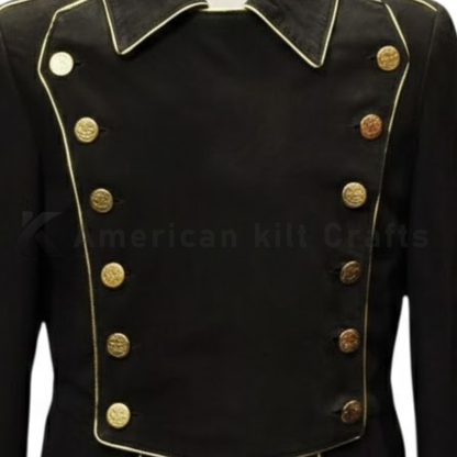 Close-up of gold buttons and front detailing on a men’s black Bonaparte-style military jacket.