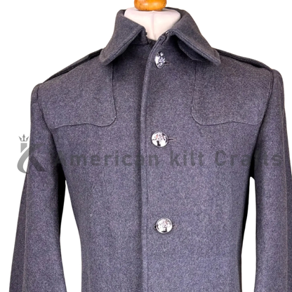 Close-up view of a British Army Guards wool military greatcoat showing detailed tailoring, premium wool fabric, buttons, stitching, and traditional military-inspired craftsmanship.