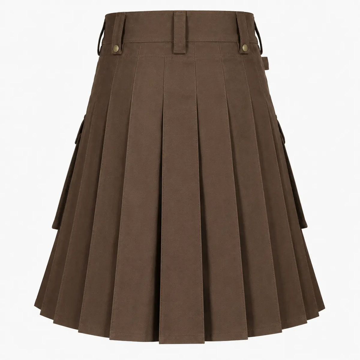 Back view of brown heavy cotton Scottish utility kilt featuring neatly stitched pleats, reinforced waistband, belt loops, and classic knee-length design.