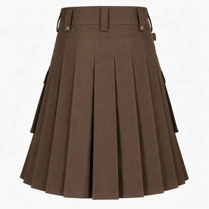 Back view of brown heavy cotton Scottish utility kilt featuring neatly stitched pleats, reinforced waistband, belt loops, and classic knee-length design.