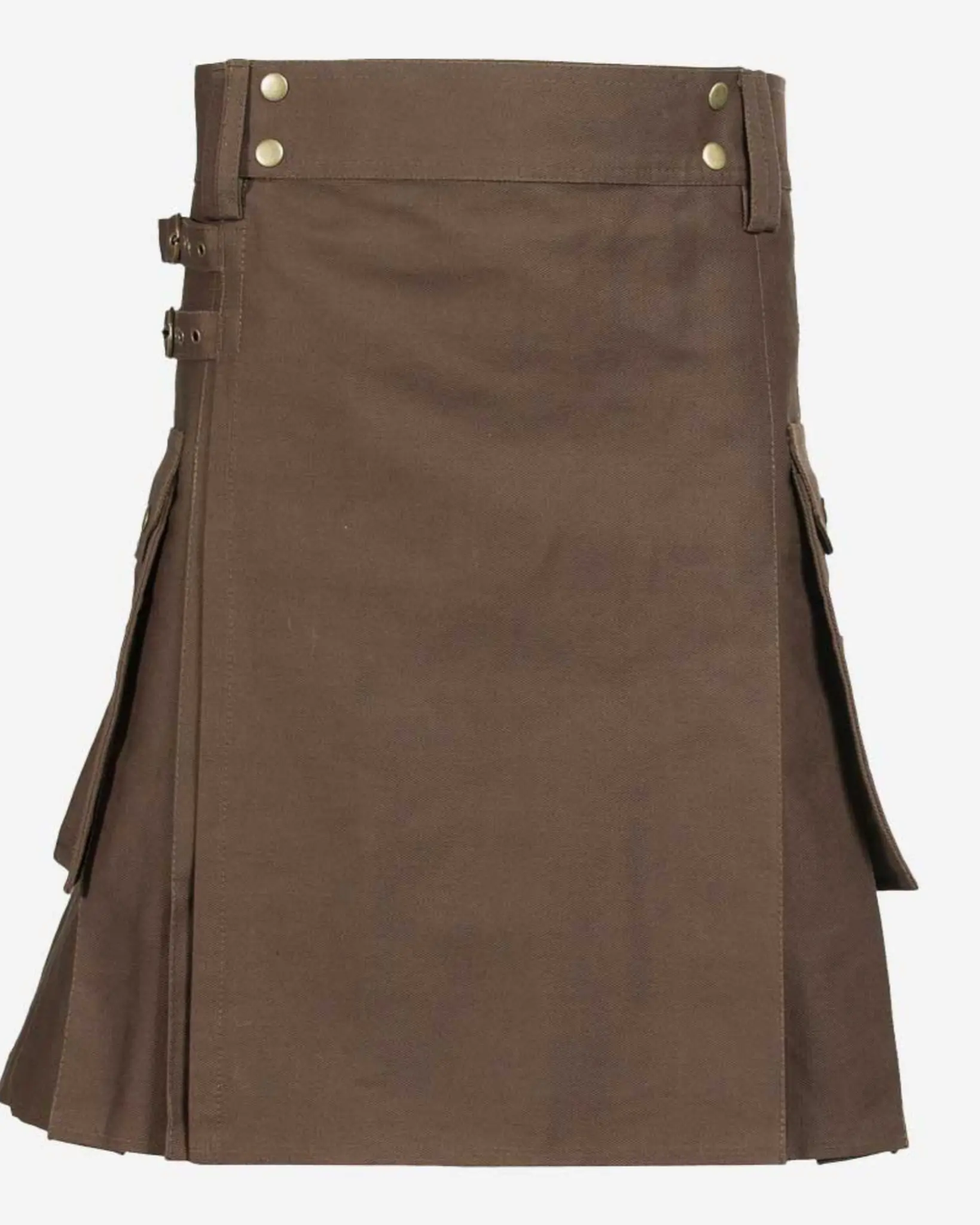 Front view of brown heavy cotton Scottish utility kilt featuring adjustable leather-style buckle straps, brass hardware, pleated design, and cargo pocket.