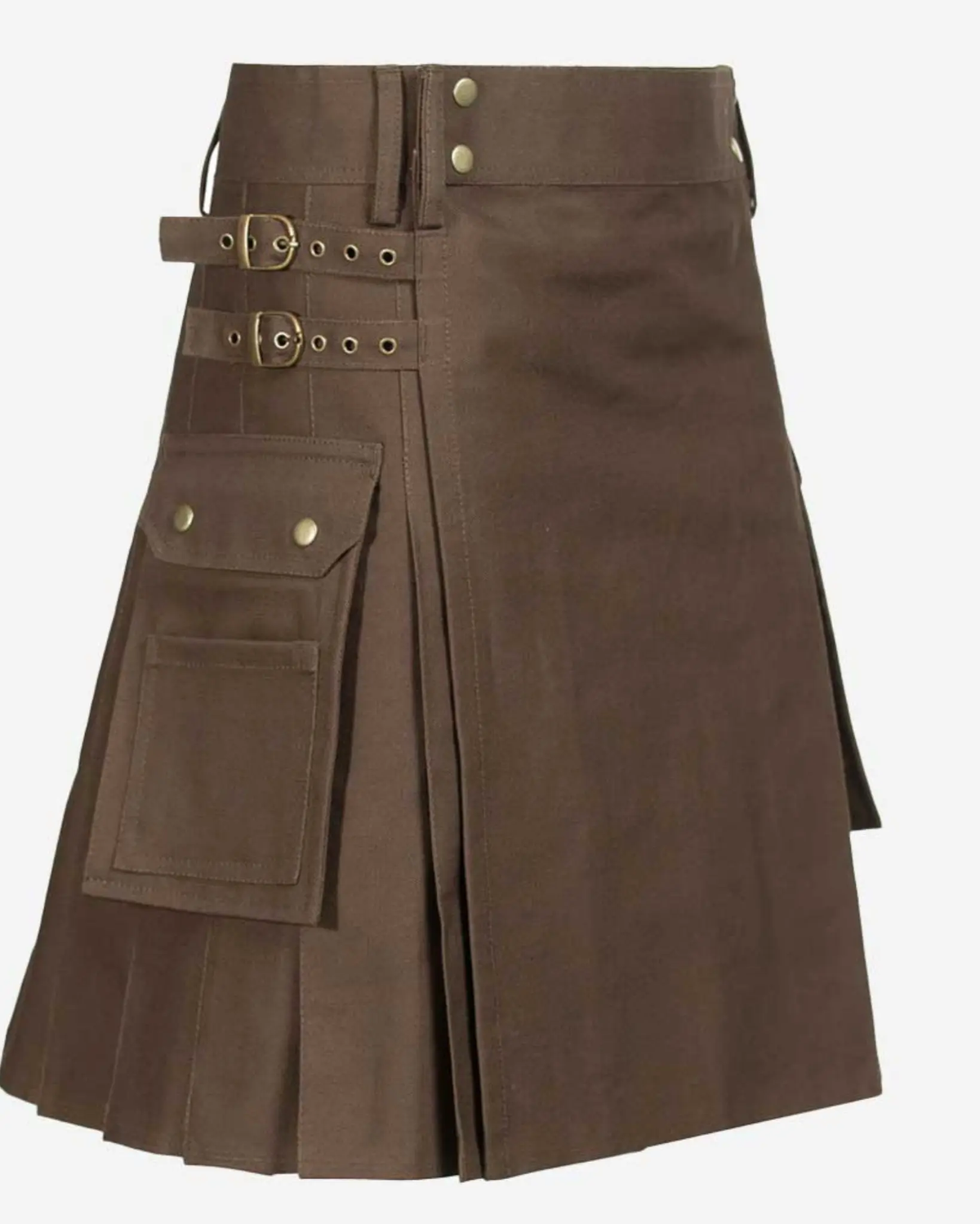 Side view of brown heavy cotton Scottish utility kilt showcasing adjustable buckle straps, functional cargo pocket, durable stitching, and traditional pleated construction.