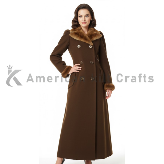 Woman wearing a brown coat with fur collar on a white background, featuring the American Crafts logo.