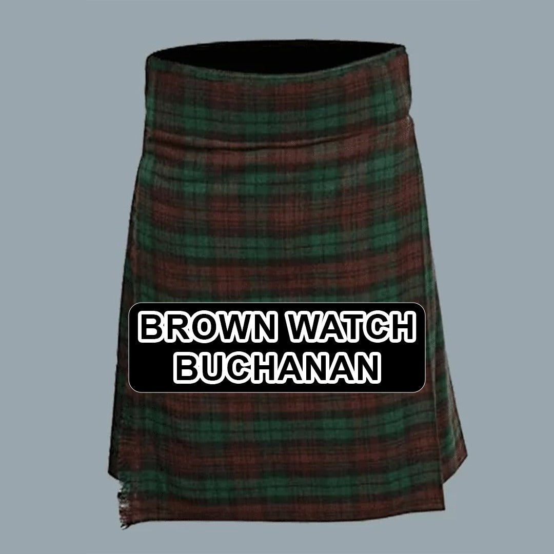 Handmade Brown Watch Buchanan tartan kilt with traditional Scottish plaid pattern and classic pleated design.