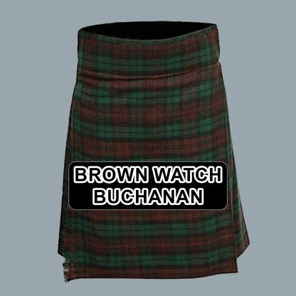 Handmade Brown Watch Buchanan tartan kilt with traditional Scottish plaid pattern and classic pleated design.