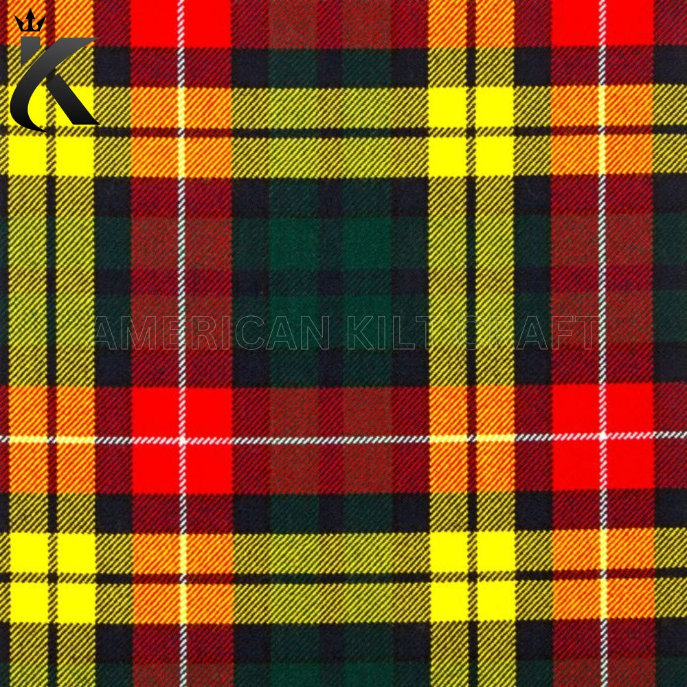 Traditional Buchanan Clan Tartan featuring a colorful Scottish plaid pattern with yellow, green, red, and blue stripes, ideal for Scottish kilts, Highland dress, and Celtic heritage clothing.