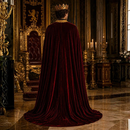 Back view of adult men’s burgundy velvet king cape robe featuring elegant gold trim and royal Renaissance-inspired design.