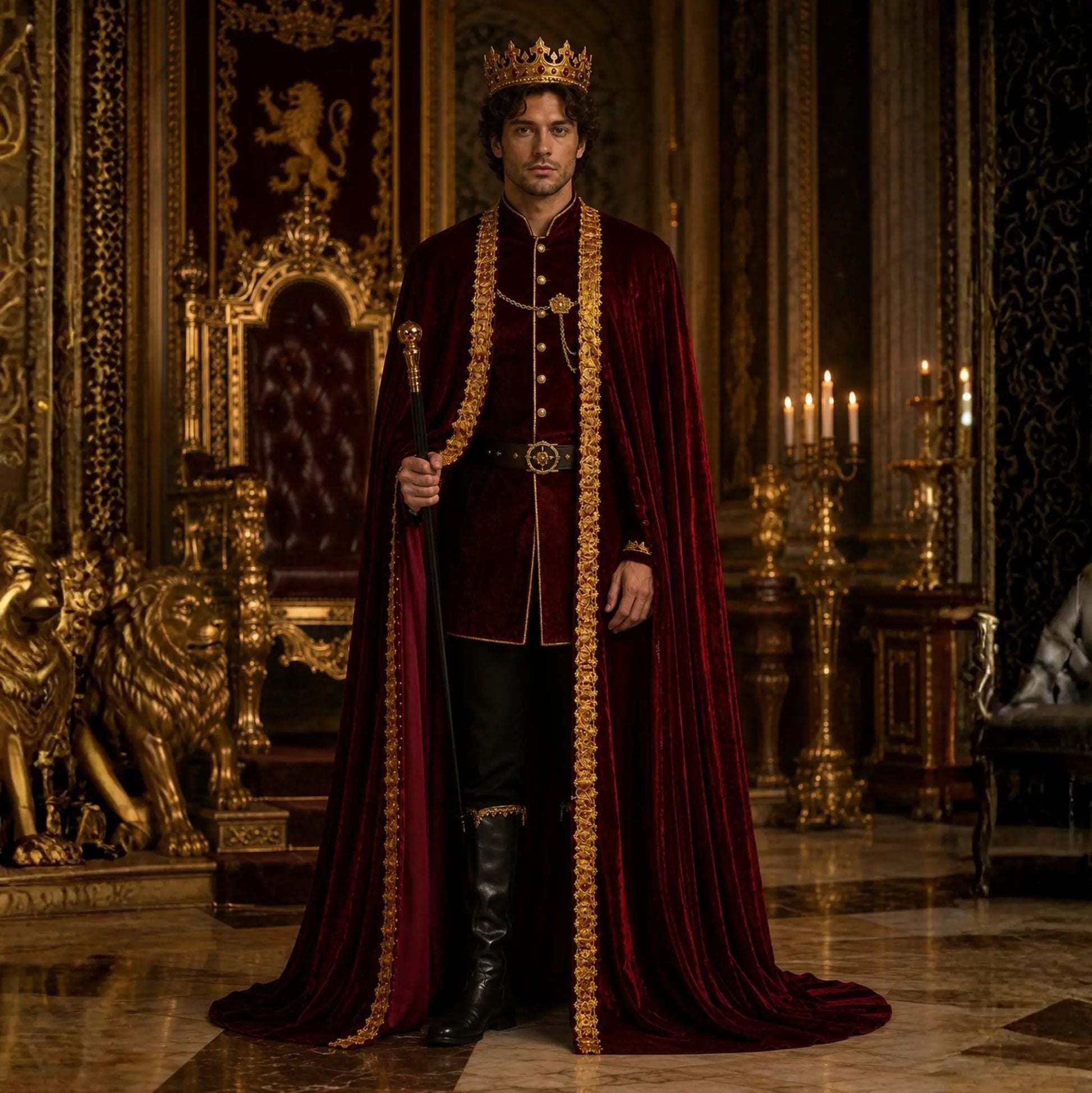 Adult men’s burgundy velvet king cape robe front view with gold trim and medieval royal styling.