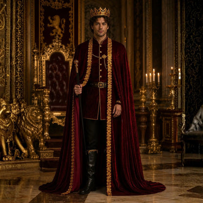 Adult men’s burgundy velvet king cape robe front view with gold trim and medieval royal styling.