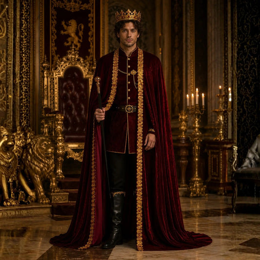 Adult men’s burgundy velvet king cape robe front view with gold trim and medieval royal styling.