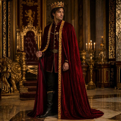 Side view of burgundy velvet king cape robe showing the flowing silhouette, rich velvet-style fabric, and gold decorative trim.