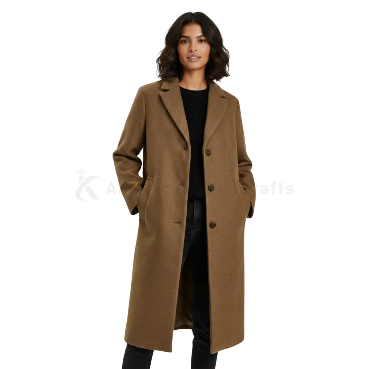 Female model wearing a camel wool blend long winter overcoat in front view, showing the classic tailored silhouette, lapels and full-length design.