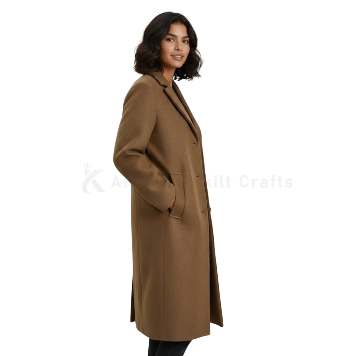 Side view of a female model wearing a camel wool blend long winter overcoat, showing the tailored fit, long silhouette and classic winter coat styling.
