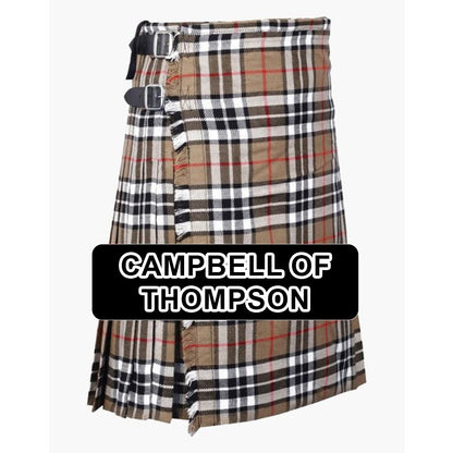 Handmade Campbell of Thompson tartan kilt with traditional Scottish plaid pattern and classic pleated design.