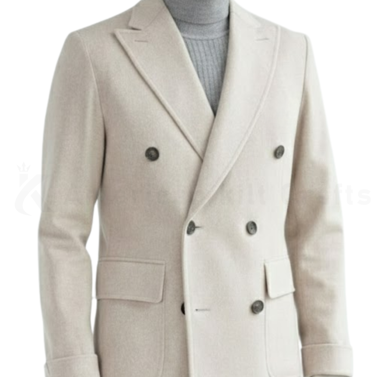 Close-up of men’s double-breasted winter overcoat showing classic lapel, buttons, fabric texture, and tailored slim fit details.