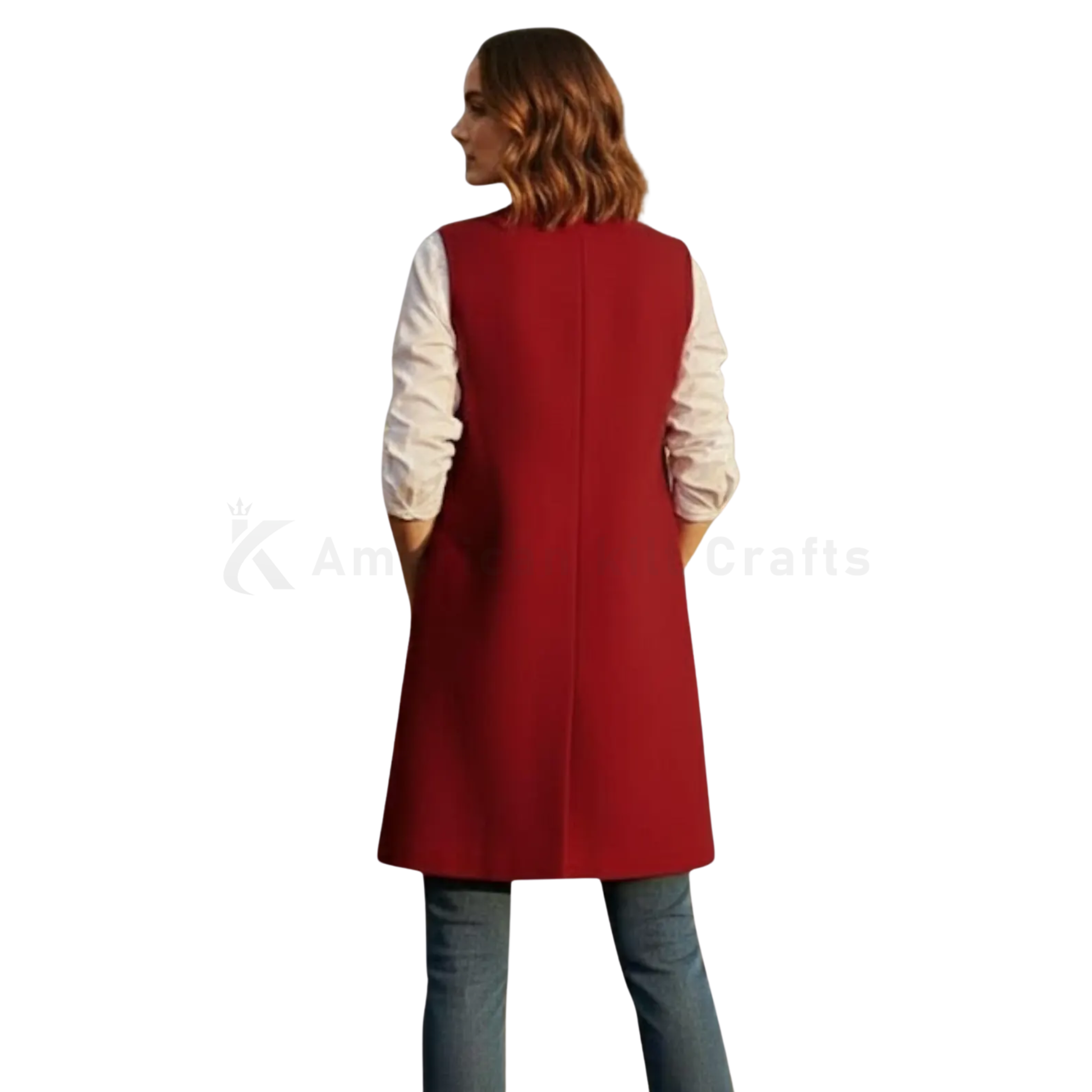 Back view of women’s wool blend long vest coat with simple straight silhouette and elegant above-knee length.