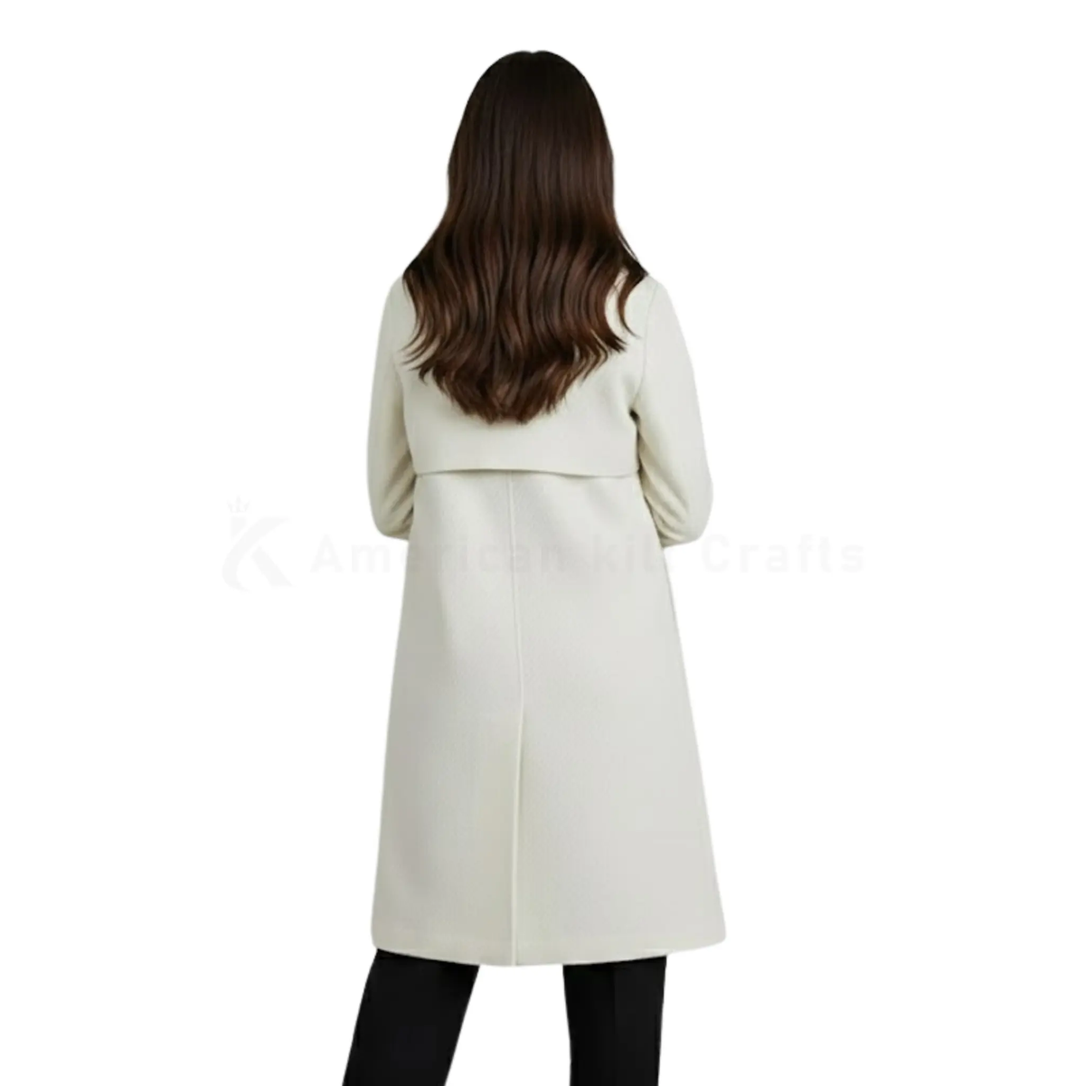 Back view of an elegant women’s long double-breasted trench coat showing the tailored fit, clean back silhouette and full-length outerwear design.