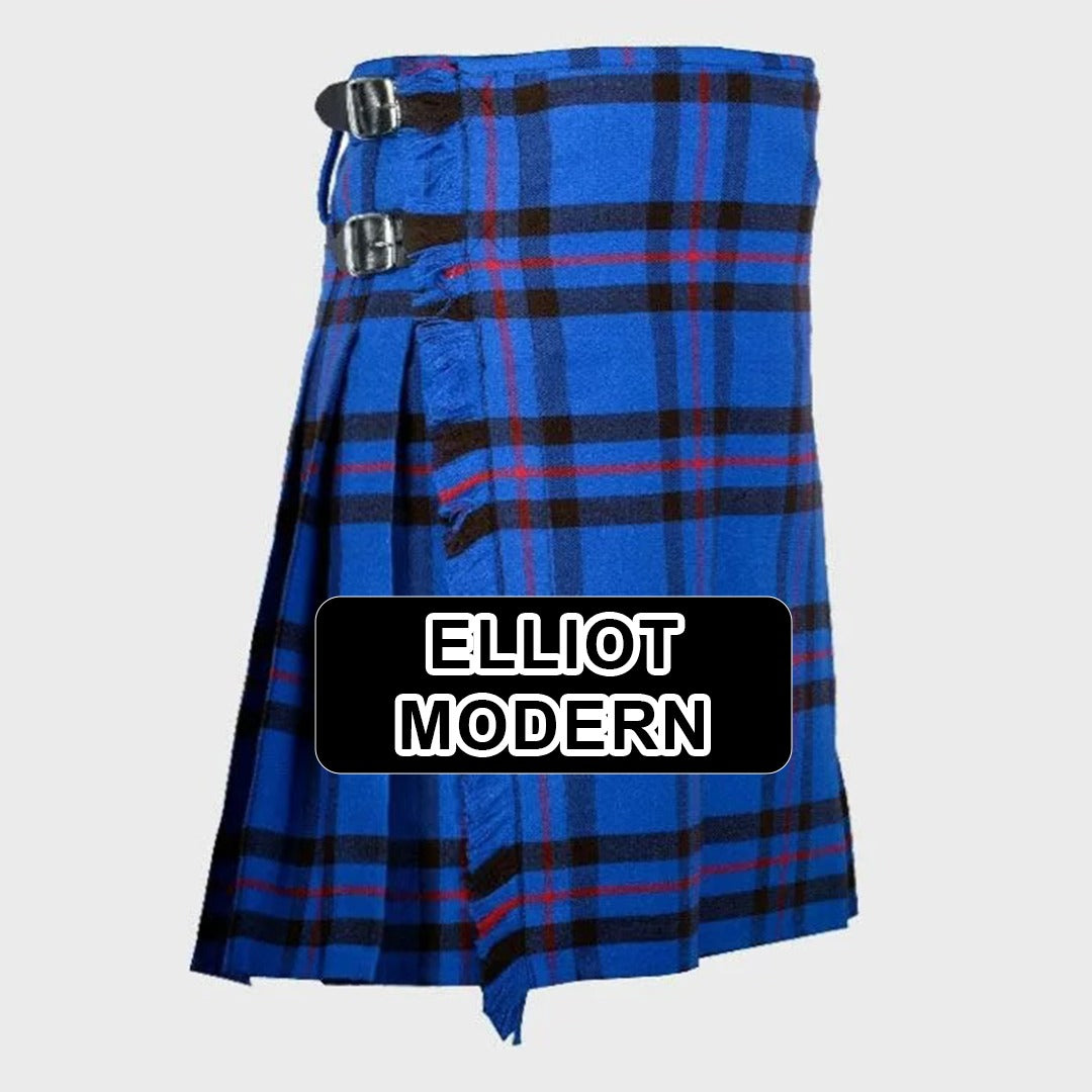 Handmade Elliot Modern tartan kilt with traditional Scottish plaid pattern and classic pleated design.