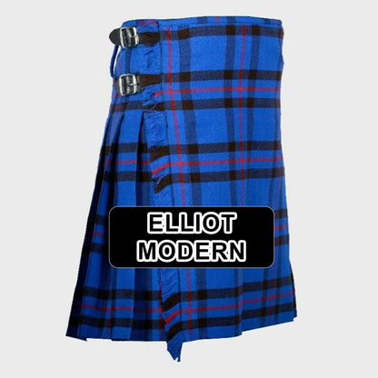 Handmade Elliot Modern tartan kilt with traditional Scottish plaid pattern and classic pleated design.