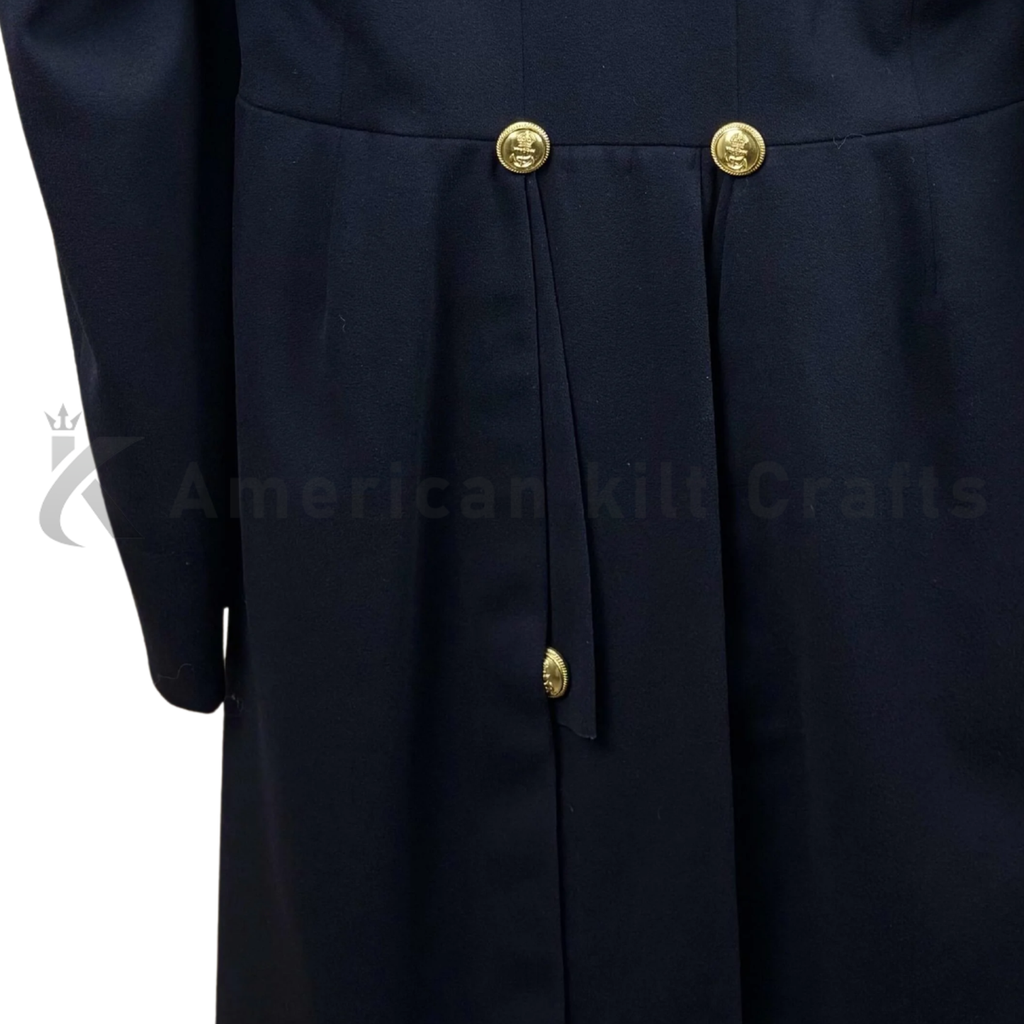 Navy blue coat with gold buttons on a white background, featuring the American Kilt Crafts logo.