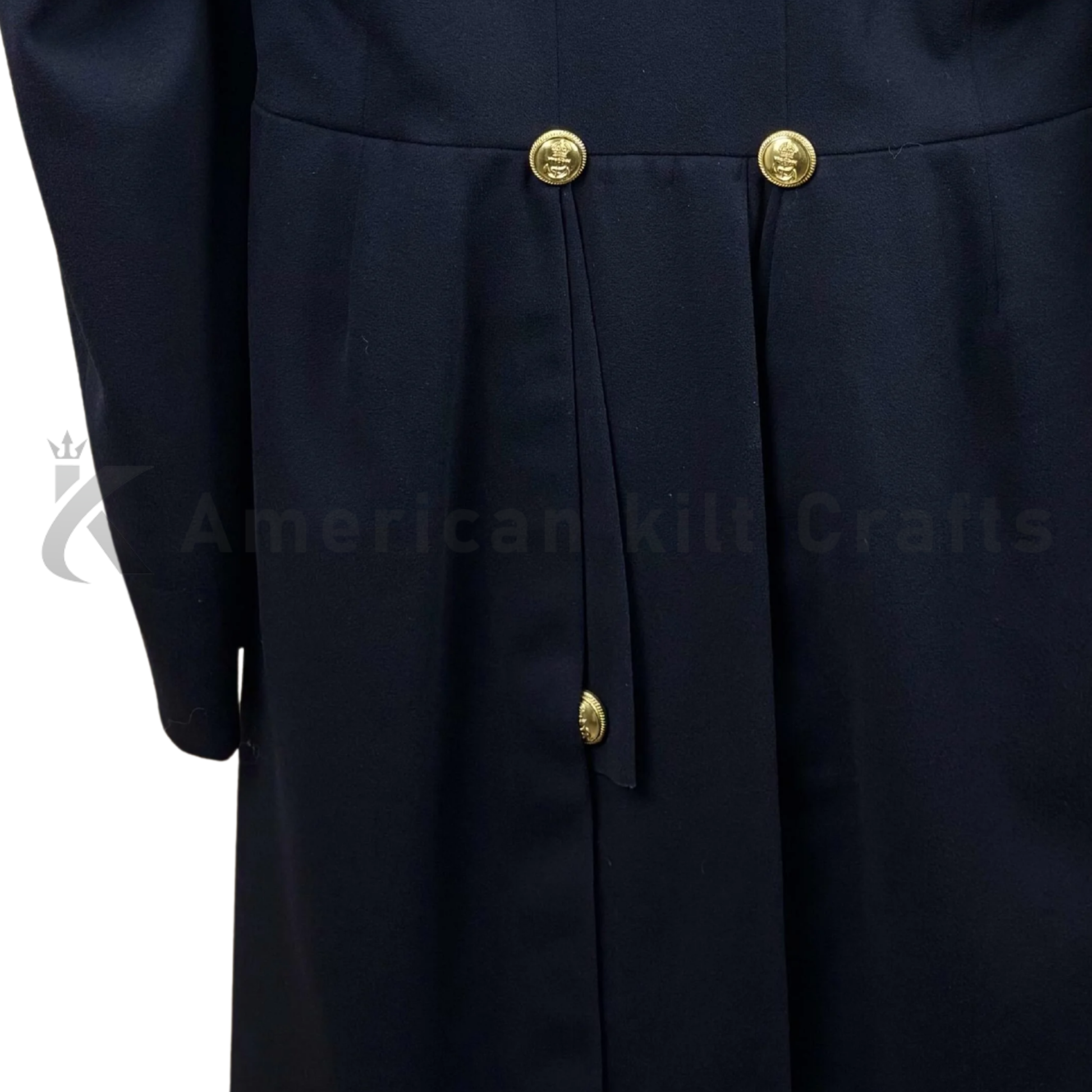 Navy blue coat with gold buttons on a white background, featuring the American Kilt Crafts logo.