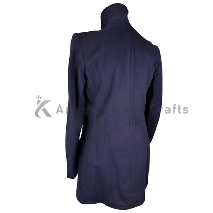 Back view of a German naval heavy wool peacoat showing the clean tailored back, structured shoulders and classic vintage military silhouette.