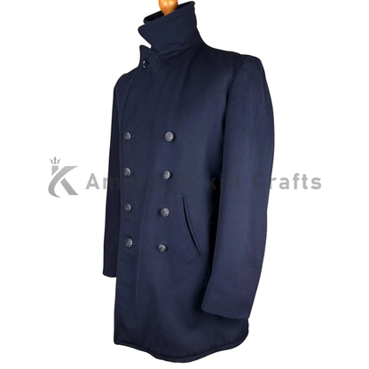 Side view of a German naval heavy wool peacoat showing the structured fit, classic hip-length silhouette and vintage military-inspired tailoring.