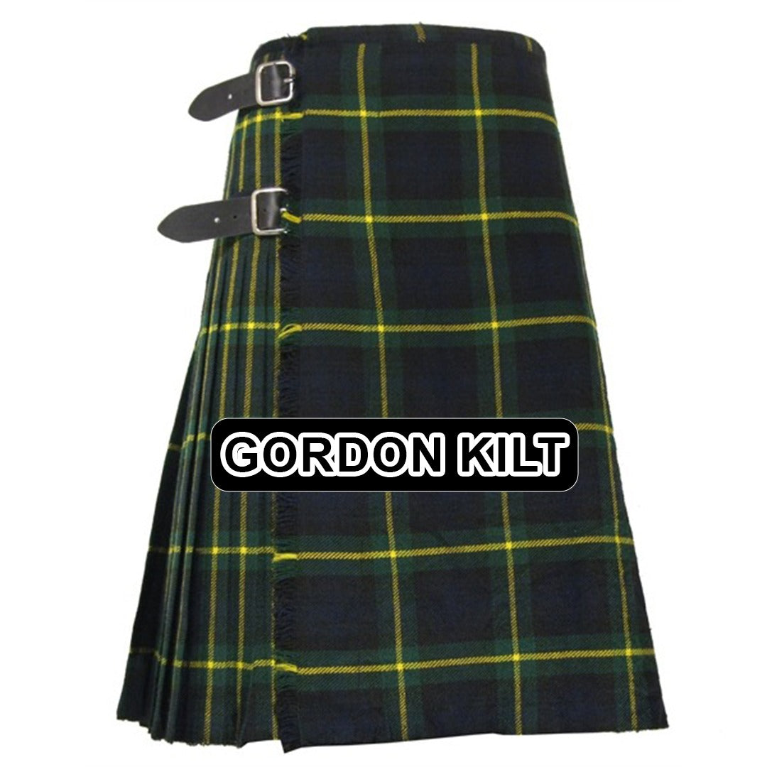 Handmade Gordon tartan kilt with traditional Scottish plaid pattern and classic pleated design.
