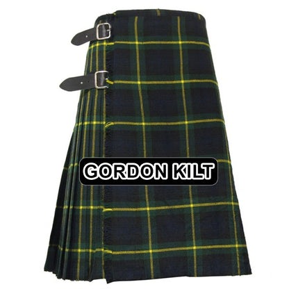 Handmade Gordon tartan kilt with traditional Scottish plaid pattern and classic pleated design.