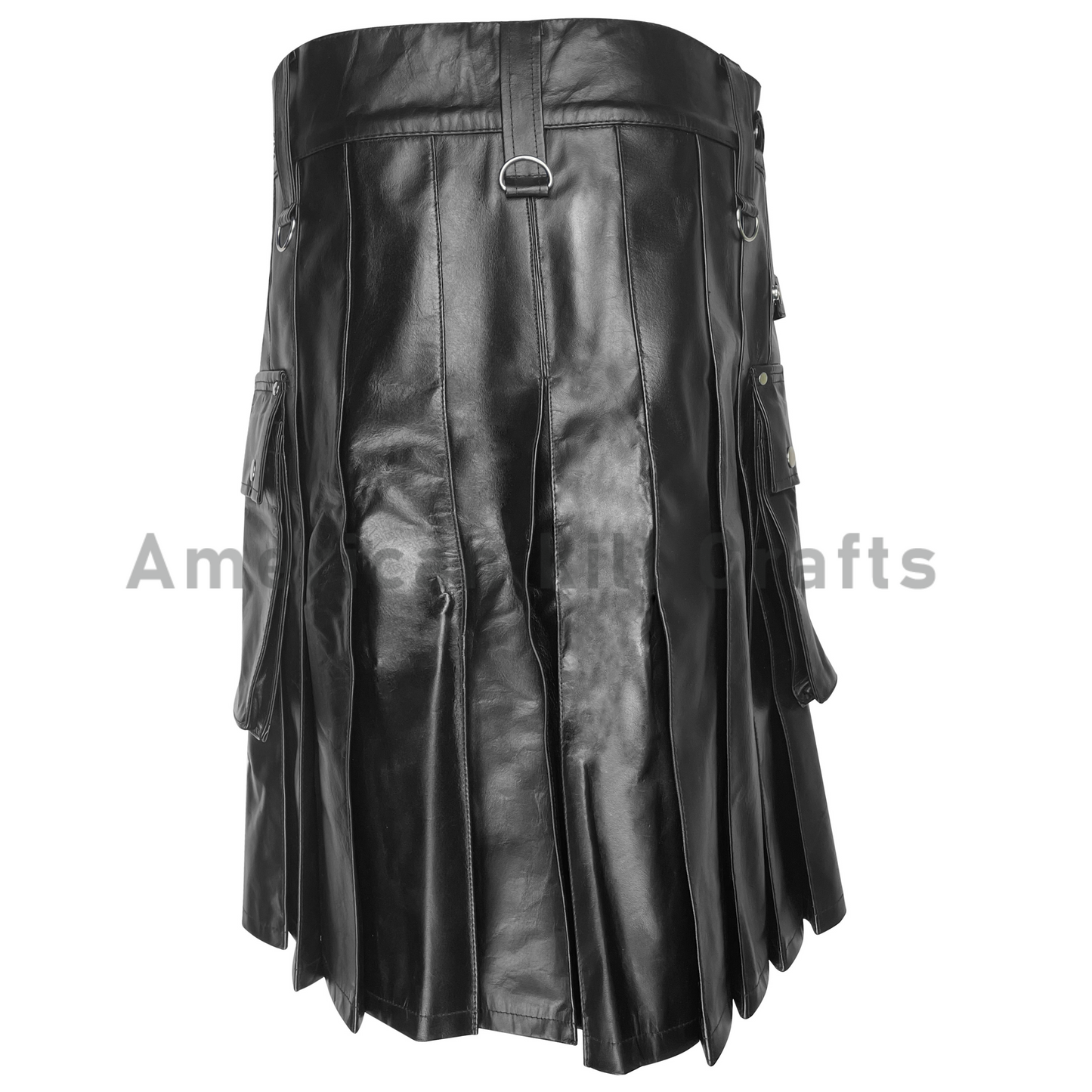 Gothic punk cargo kilt for men in black leather featuring utility pockets, adjustable straps, buckles, and pleated detailing.