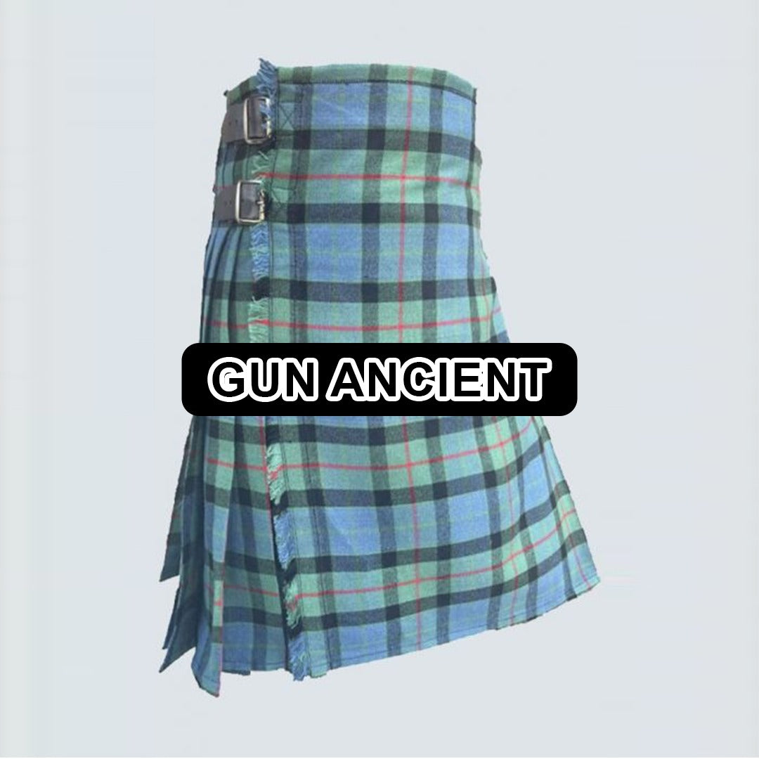 Handmade Gun Ancient tartan kilt with traditional Scottish plaid pattern and classic pleated design.