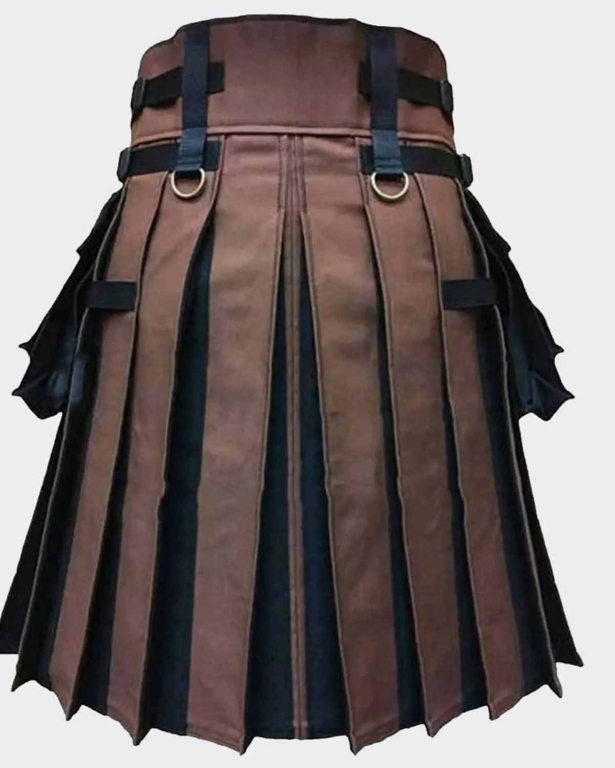 Back view of handmade black and brown hybrid fashion kilt showcasing pleated construction, contrasting fabric panels, and a structured waistband.