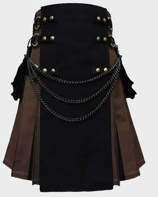 Front view of handmade black and brown hybrid fashion kilt featuring decorative metal chains, antique brass rivets, adjustable buckle straps, and contrasting panels.