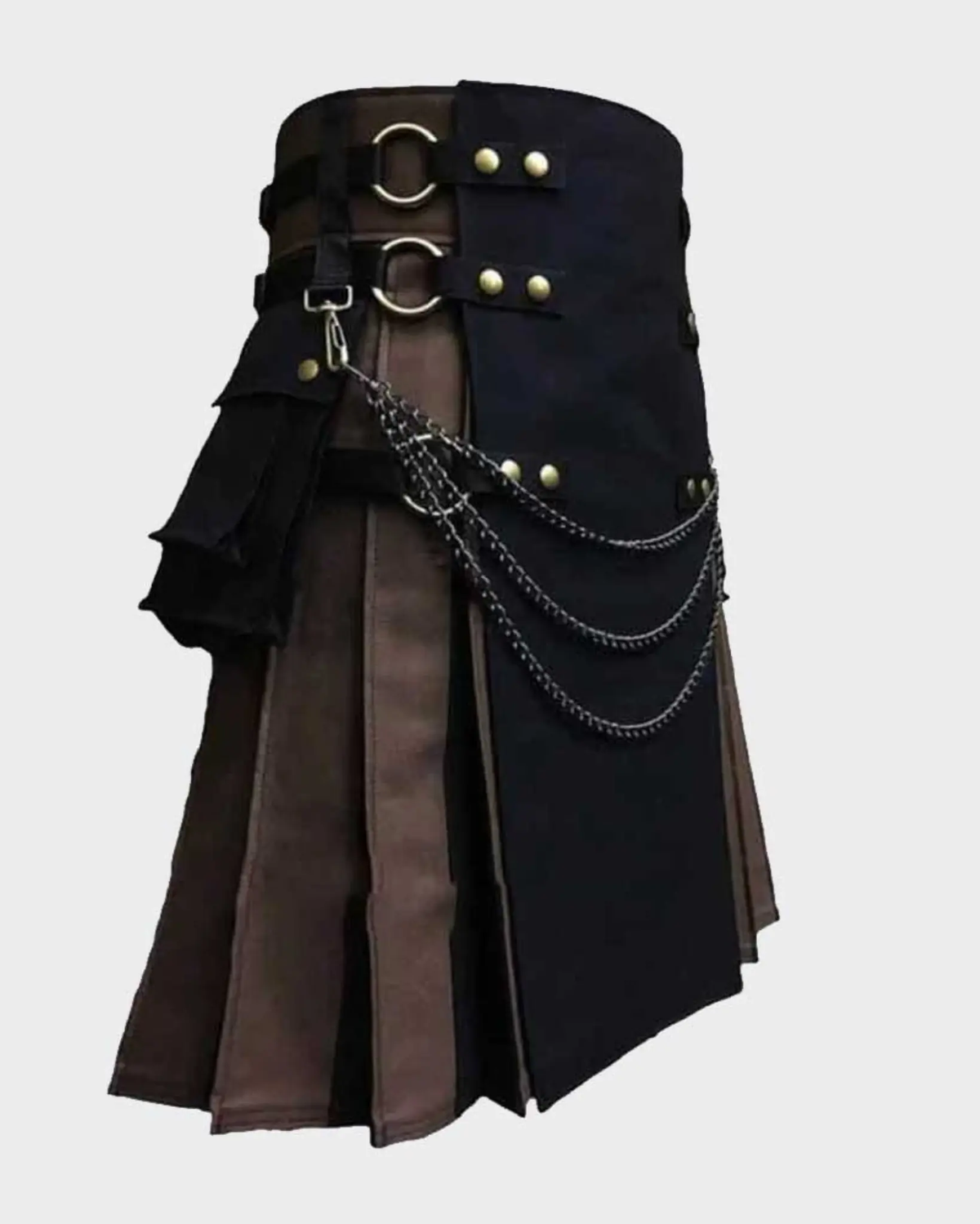 Side view of handmade black and brown hybrid fashion kilt highlighting adjustable buckle straps, metal hardware, layered pleats, and distinctive two-tone design.