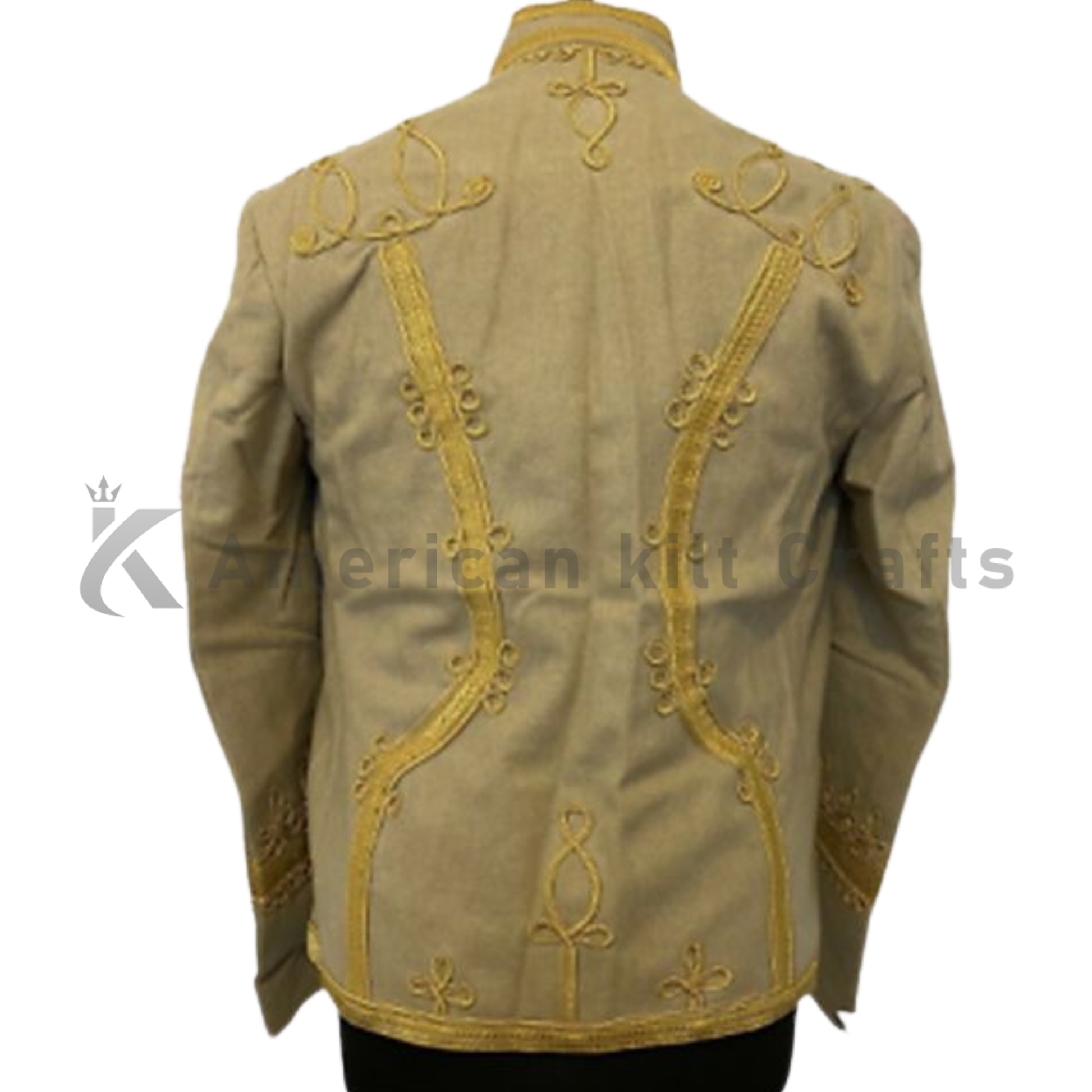 Back view of a men’s heavy wool Hussar uniform jacket with structured shoulders, fitted tailoring, and a classic Napoleonic military silhouette.