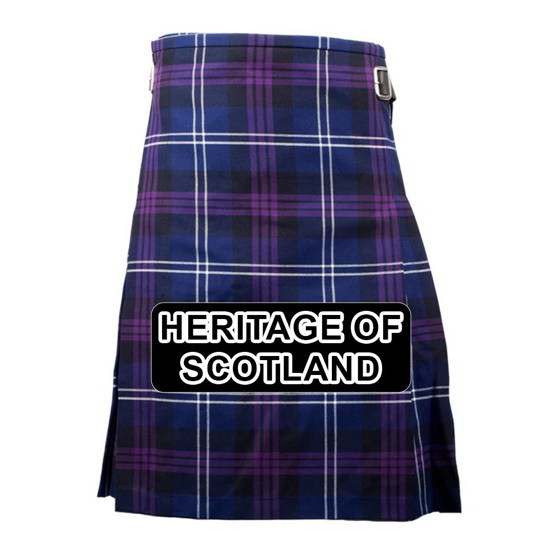 Handmade Heritage of Scotland tartan kilt with traditional Scottish plaid pattern and classic pleated design.