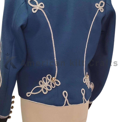 Back view of men’s Imperial German Hussar military tunic showing the tailored fit, structured shoulders and historical uniform design.