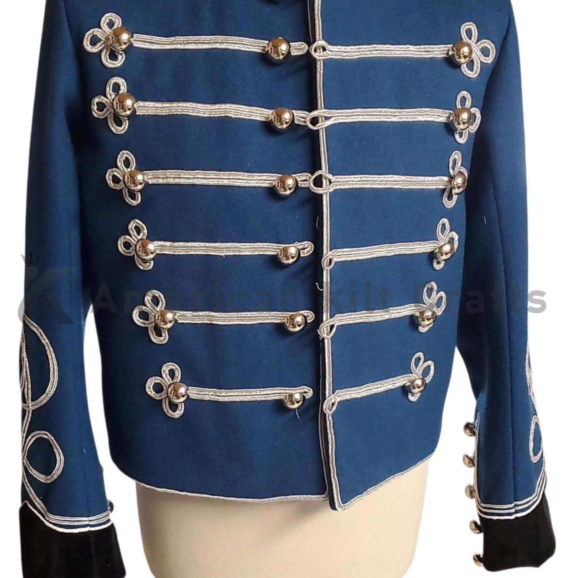 Close-up of an Imperial German Hussar Attila tunic highlighting decorative braiding, military buttons and detailed Napoleonic craftsmanship.