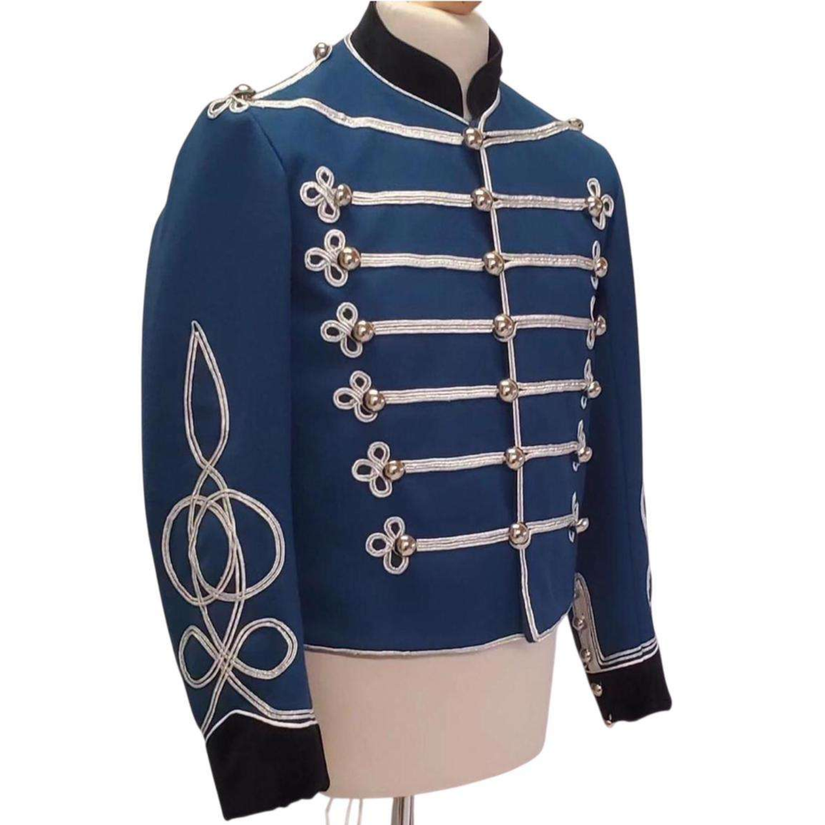 Front view of men’s Imperial German Hussar Attila tunic featuring military braid detailing, structured tailoring and a Napoleonic uniform style.